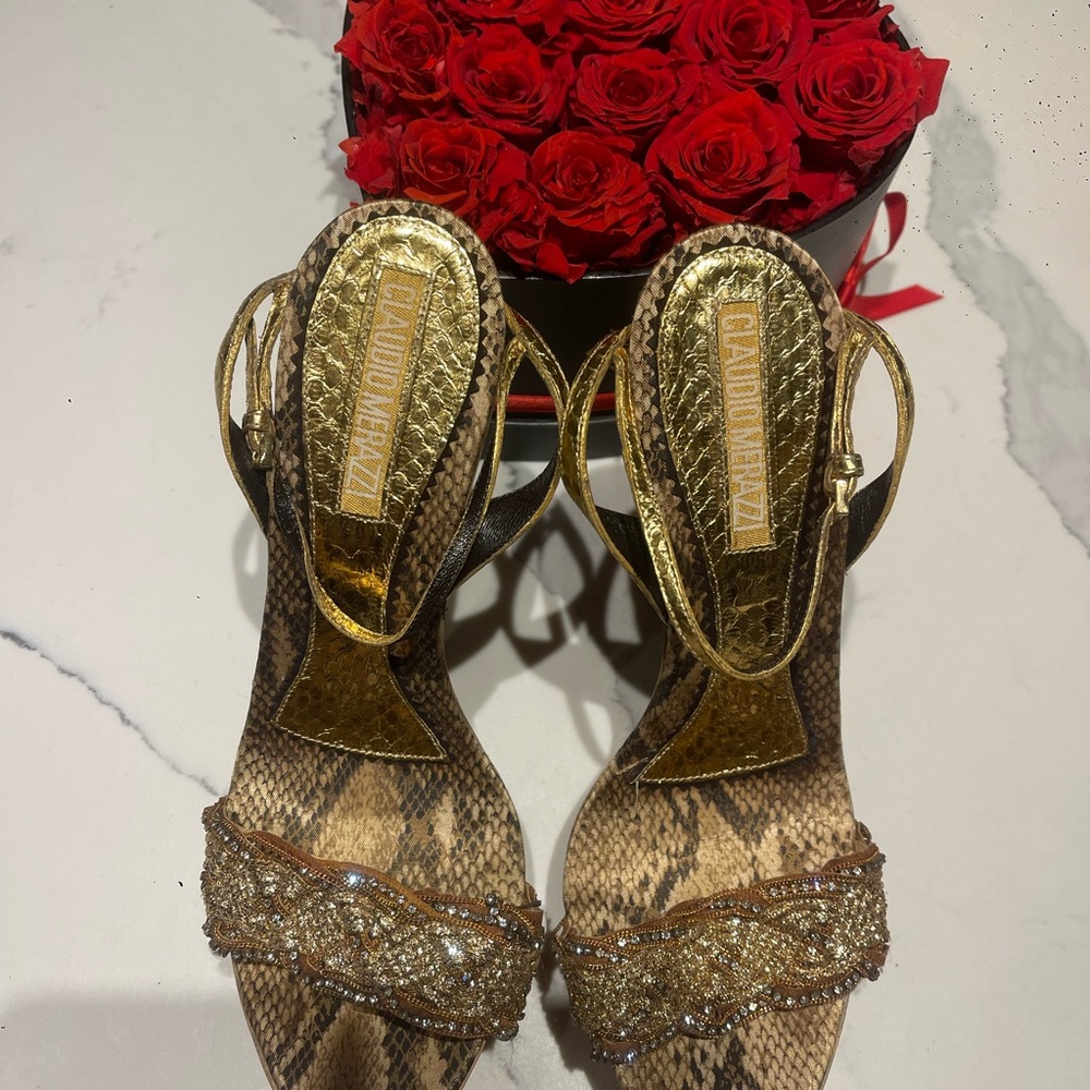 Claudio Merazzi Gold Snake Print Embellished Heels — Luxury Statement Sandals